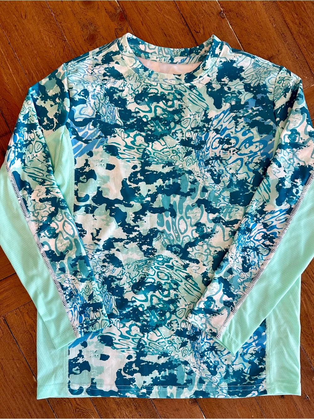 Huk Teal and Aqua Print Long Sleeve Swim Top